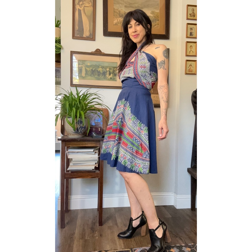 Vintage 60s 70s wrap convertible halter dress dashiki print hippie bohemian - Picture 3 of 9